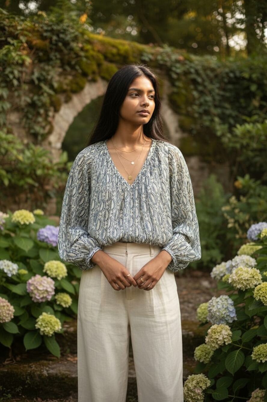 Zara Top Womens M Ivory Teal Metallic Crop Sheer Gauzy Fairy Romantic Bubble Hem